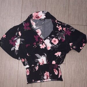 Fashion Magazine Black Floral Short-Sleeve Blouse with Pink Accents